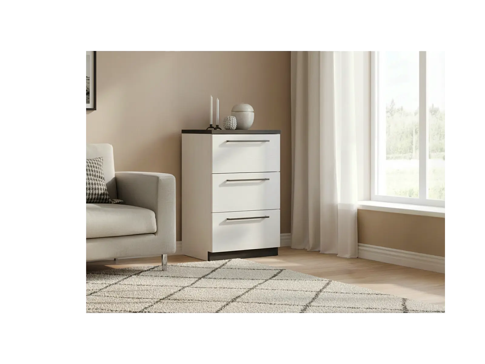 Hiili kolme laatikkoinen lipasto olohuoneessa